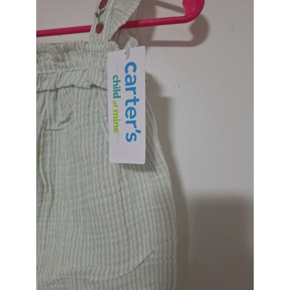 Carter's‎ Girls 3-6M Green/White Striped Seersucker Romper Sleeveless